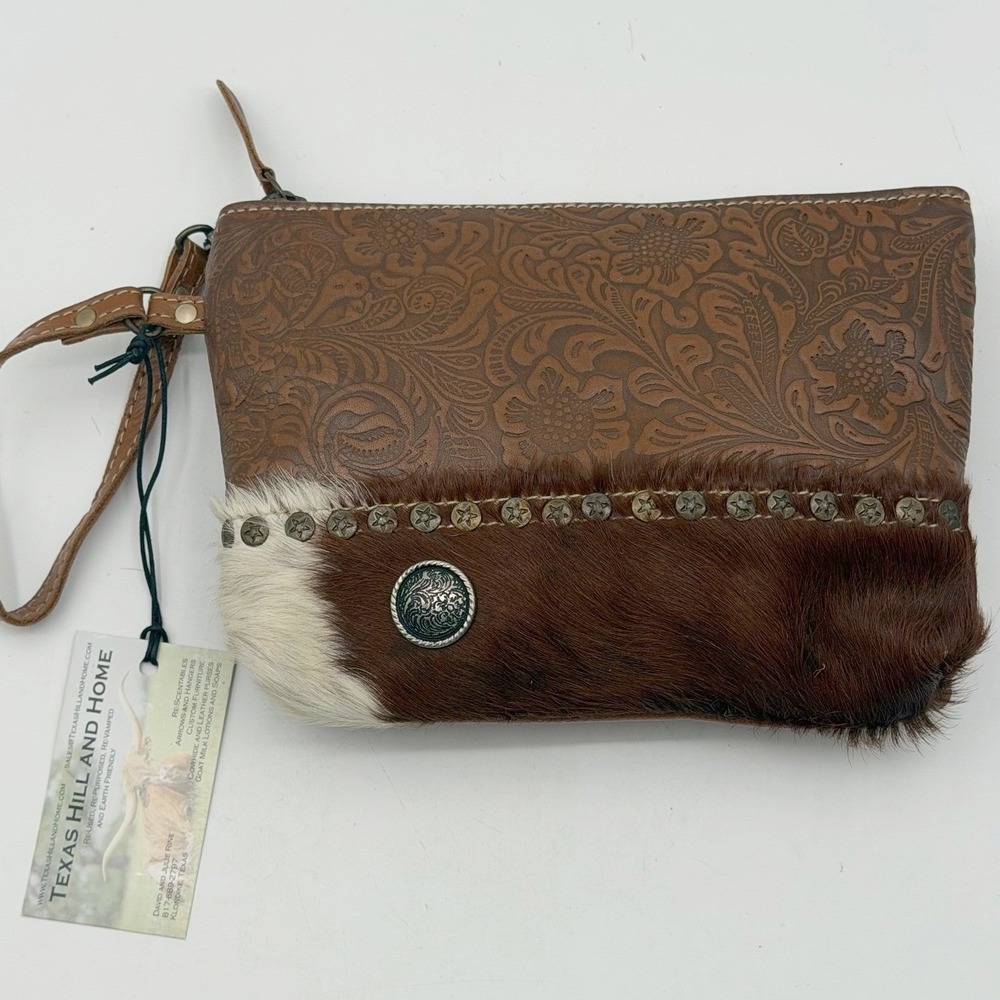 Myra Bag Tooled Leather Cowhide Wristlet Clutch Brown Floral Studded Concho NEW